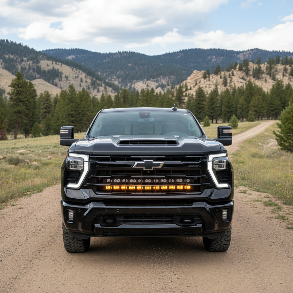 Chevrolet Silverado Light Bars on 2020+ Silverado 2500/3500HD dual 40s front view with grille removed mounting rail system for adjustable fit