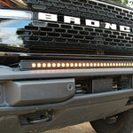 up close view of black 2021 2022 2023 Ford Bronco Standard Bumper 40in Light Bar on top of bumper color amber - M&R Automotive