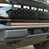 up close view of black 2021 2022 2023 Ford Bronco Standard Bumper 40in Light Bar on top of bumper color amber - M&R Automotive