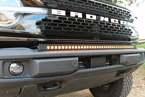 up close view of black 2021 2022 2023 Ford Bronco Standard Bumper 40in Light Bar on top of bumper color amber - M&R Automotive