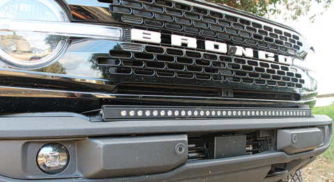 up close view of black 2021 2022 2023 Ford Bronco Standard Bumper 40in Light Bar on top of bumper - M&R Automotive