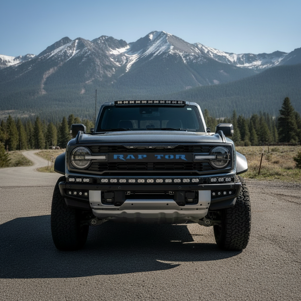 Bronco Raptor Lightbar kit - Bronco Raptor Lightbar kit fits 2021-2026 Ford Bronco Raptor with 40in curved LED light bar plus 12in extension, slim bumper, powder coated black bracket