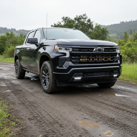 chevrolet Silverado 1500 Light Bars PRO installed on 2022+ Silverado 1500 front grille driving on muddy trail