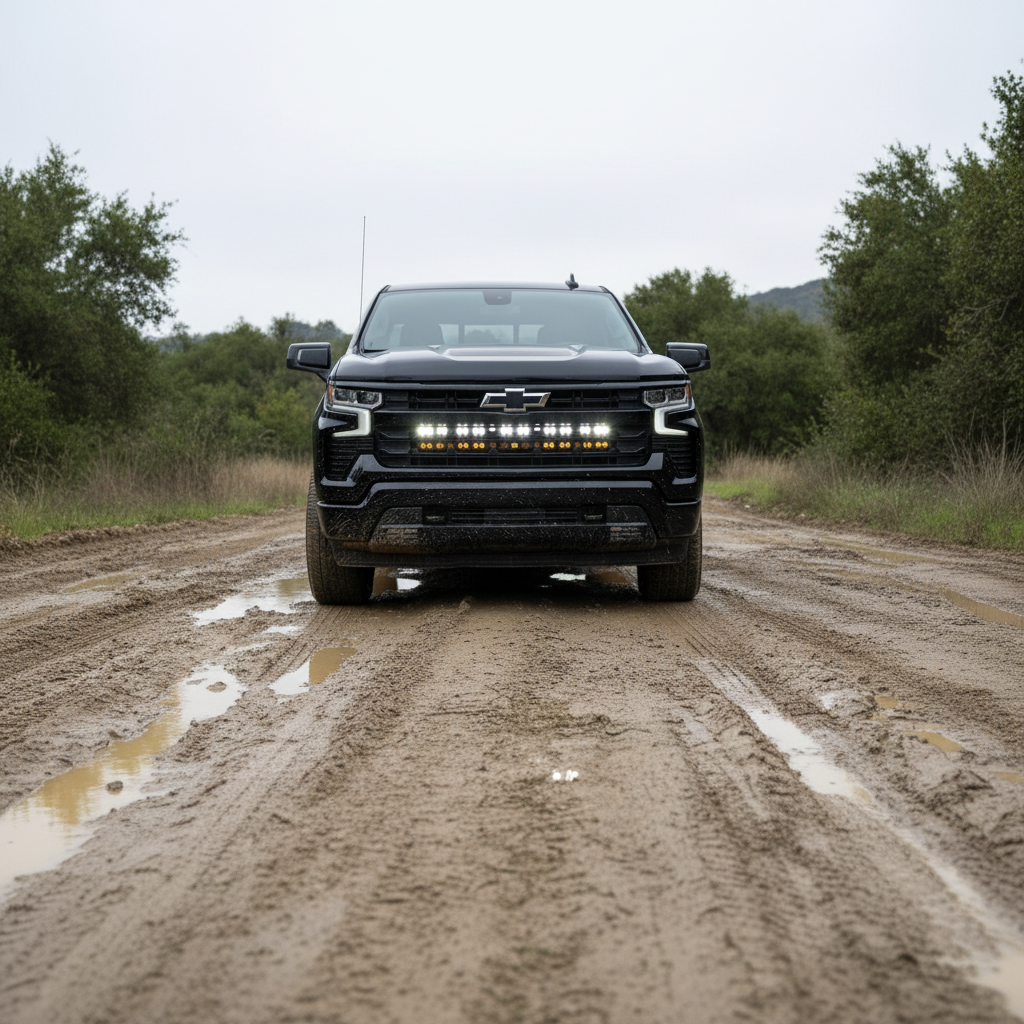 chevrolet Silverado 1500 Light Bars PRO mounted on 2022 Silverado front grille driving on muddy off-road trail