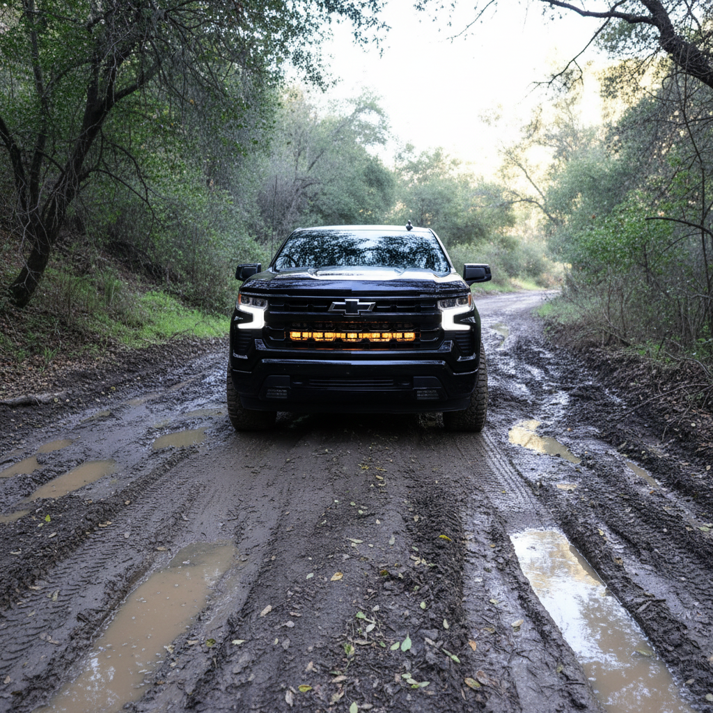 chevrolet Silverado 1500 Light Bars PRO installed on 2022 Silverado 1500 driving on muddy forest trail