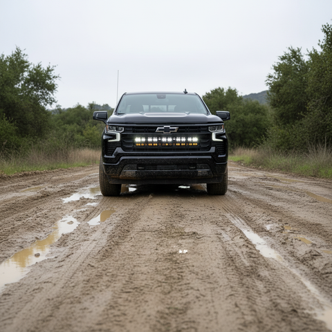 Chevrolet Silverado 1500 PRO light bars mounted on a 2022+ Silverado on a muddy off-road trail