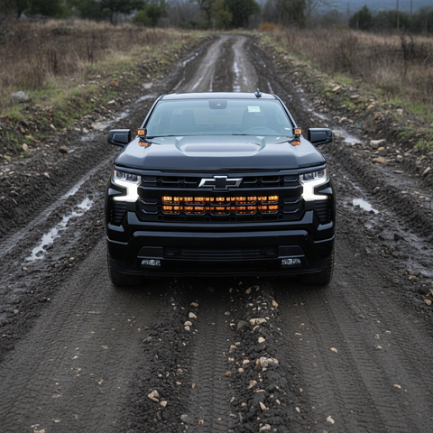 chevrolet silverado 1500 Light Bars PRO mounted on 2022+ Silverado 1500 lighting up rugged off-road trail