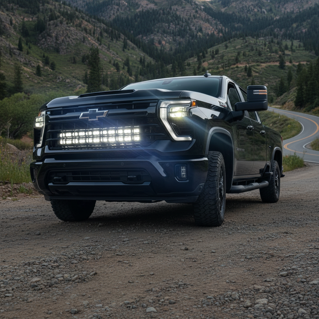 Chevrolet Silverado Light Bars on a 2020+ Silverado 2500/3500HD with dual 40s light bars mounted on bottom grille rail system, for High Country LTZ LT Custom WT trims