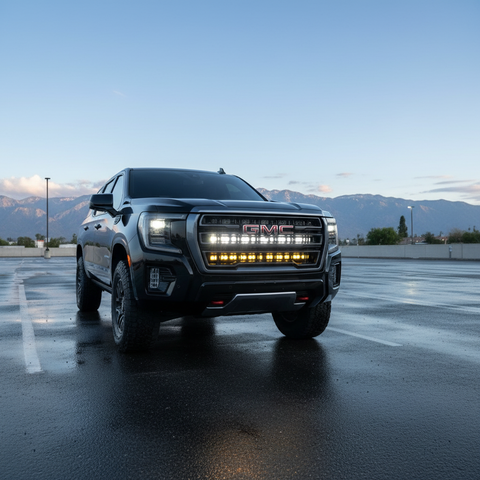 black 2022 gmc yukon with lights bar in the grille for off roading