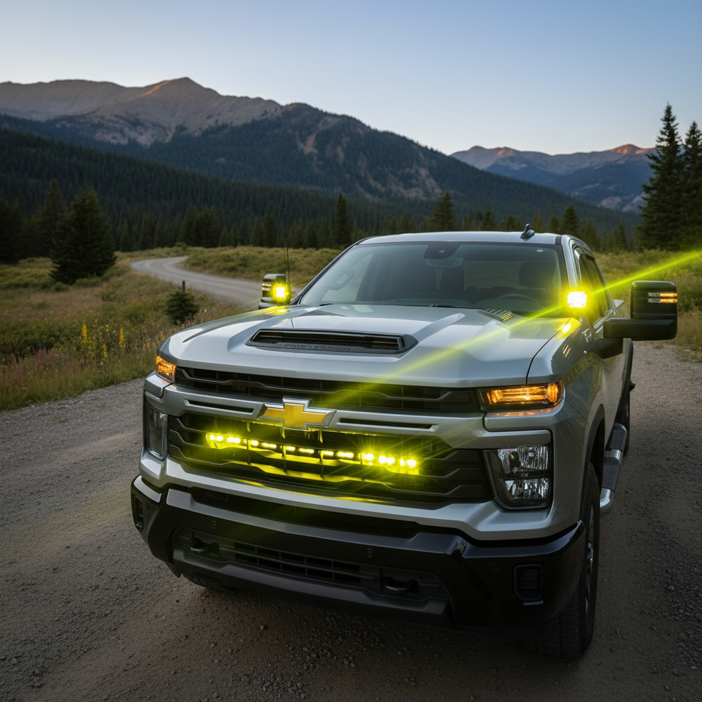 Silverado 2500 3500 light bar single 40in PRO mounted on 2020-2026 Silverado 2500HD driving off-road with bright yellow LED lights