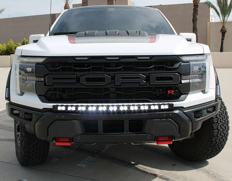 F150 Raptor Modular Bumper 40in Light Bar white ford raptor r with a light bar for off roading on top of modular bumper