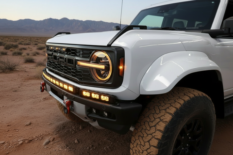 2023 white ford bronco with light bars on the bumper for off roading