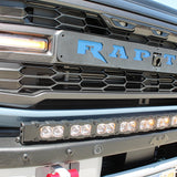 upclose view ford bronco raptor with amber curved led light bar on top of bumper