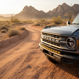 Ford Bronco Standard Bumper lightbar on rugged desert trail with 40in curved LED bar following bumper curvature