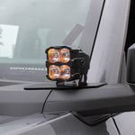 Ford Bronco Ditch Lights - PRO: Dual color white LED with amber DRL backglow on 2021-2026 Ford Broncos, mounted on hood for enhanced rugged look