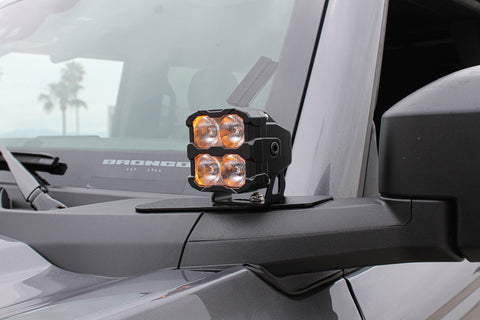 Ford Bronco Ditch Lights - PRO: Dual color white LED with amber DRL backglow on 2021-2026 Ford Broncos, mounted on hood for enhanced rugged look