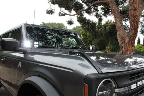 Ford Bronco Ditch Lights on a 2021-2026 Ford Bronco with dual white LED and amber DRL backglow for a stylish look