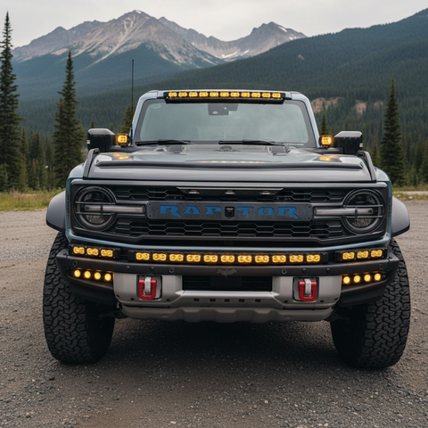 Ford Bronco Raptor Light Bar extension on 2021+ with 12in PRO light bars installed on a Ford Bronco Raptor, rugged off-road front view with bumper light bar