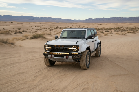 Bronco Raptor Lightbar kit for Ford Bronco Raptor 2021+ with 40in curved LED light bar plus 12in extension, slim built-in bumper look, powder-coated black metal bracket, easy install