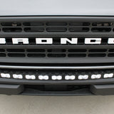 Ford Bronco Standard Bumper lightbar 40in PRO mounted below bumper, curved LED light bar fits standard bumper only, slim built-in look on Bronco front