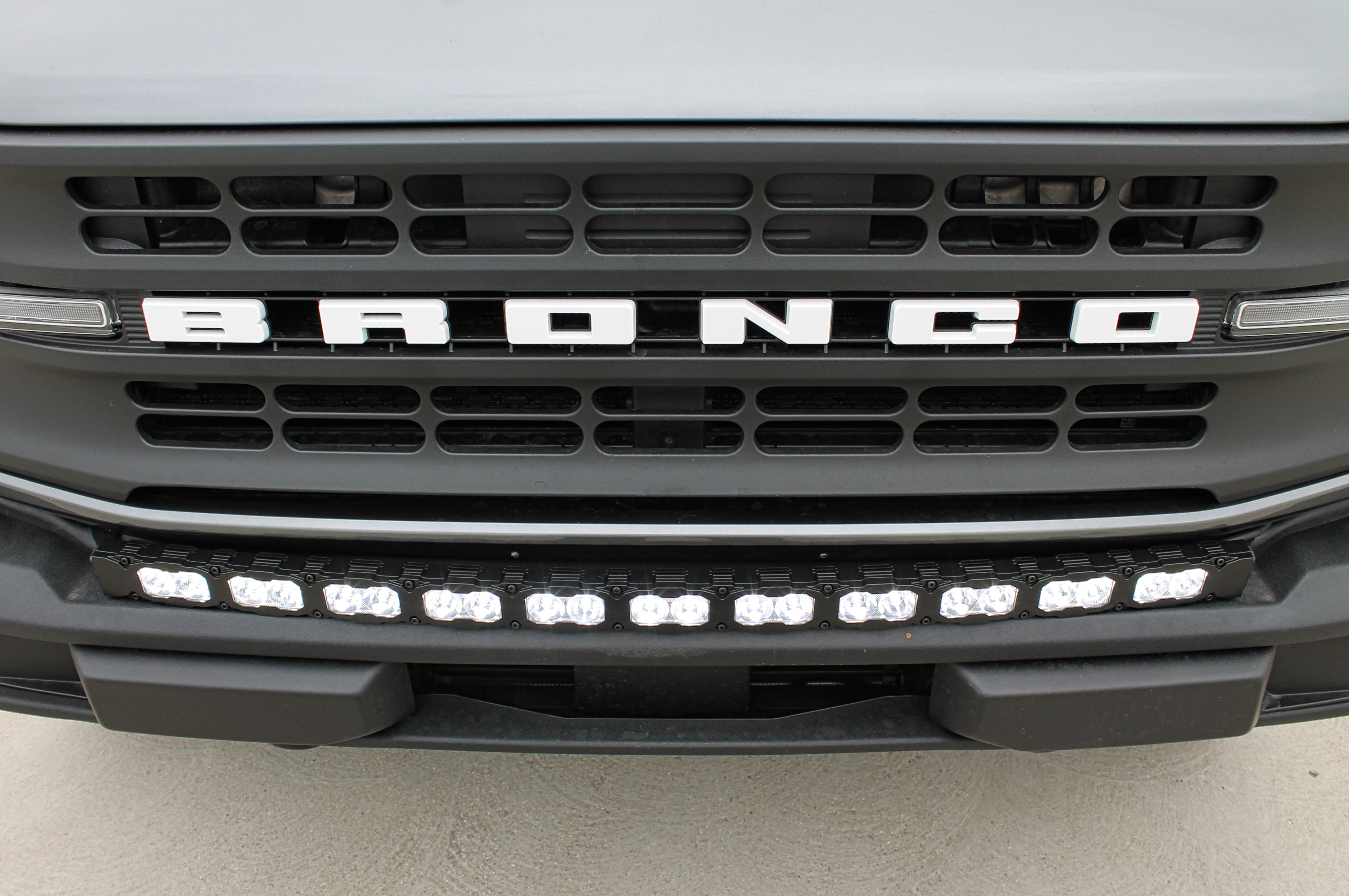 Ford Bronco Standard Bumper lightbar 40in PRO mounted below bumper, curved LED light bar fits standard bumper only, slim built-in look on Bronco front