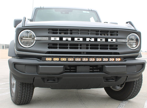 Ford Bronco Standard Bumper lightbar 40in PRO installed on front bumper of 2021-2026 Ford Bronco with standard bumper, curved LED light bar for slim, built-in look