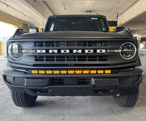 Ford Bronco Standard Bumper lightbar - 40in PRO on front of Ford Bronco with standard bumper, curved LED bar follows bumper curvature, slim built-in look