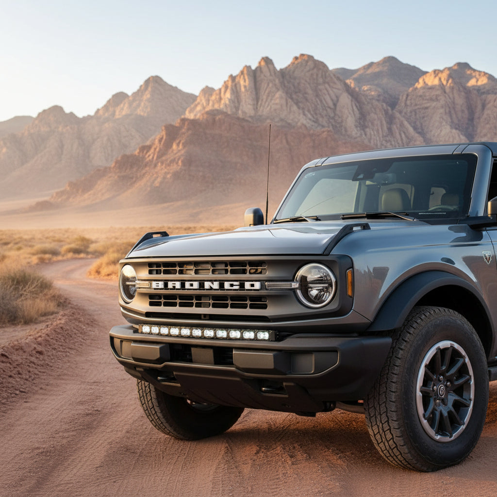 Ford Bronco Standard Bumper lightbar - 40in PRO on rugged off-road vehicle with desert mountains in background