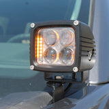 Ford F150 ditch lights mounted on hood, 4-LED amber DRL glow and white main beam, 2024+ Ford F150 compatible