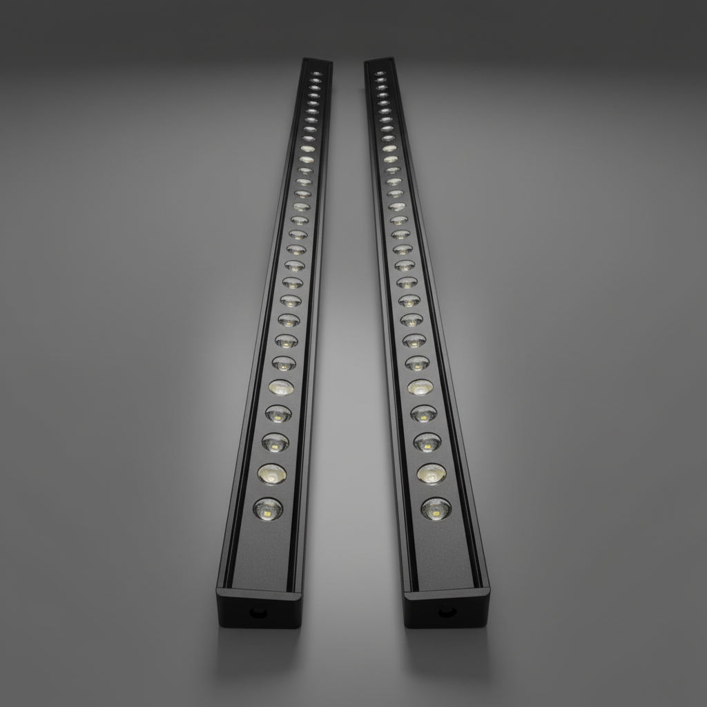 Two M&R Automotive 30in SLIM LED light bars on a dark background, lights off, showing reflector optics and black powder-coated housing