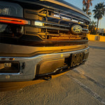 2024+ Ford F150 dual 30in light bars on front grille closeup - Ford emblem, bolt-on installation, no cutting needed, fits 2024-2026 F-150