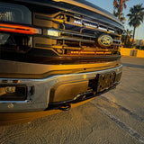 2024+ Ford F150 dual 30in light bars on front grille closeup - Ford emblem, bolt-on installation, no cutting needed, fits 2024-2026 F-150