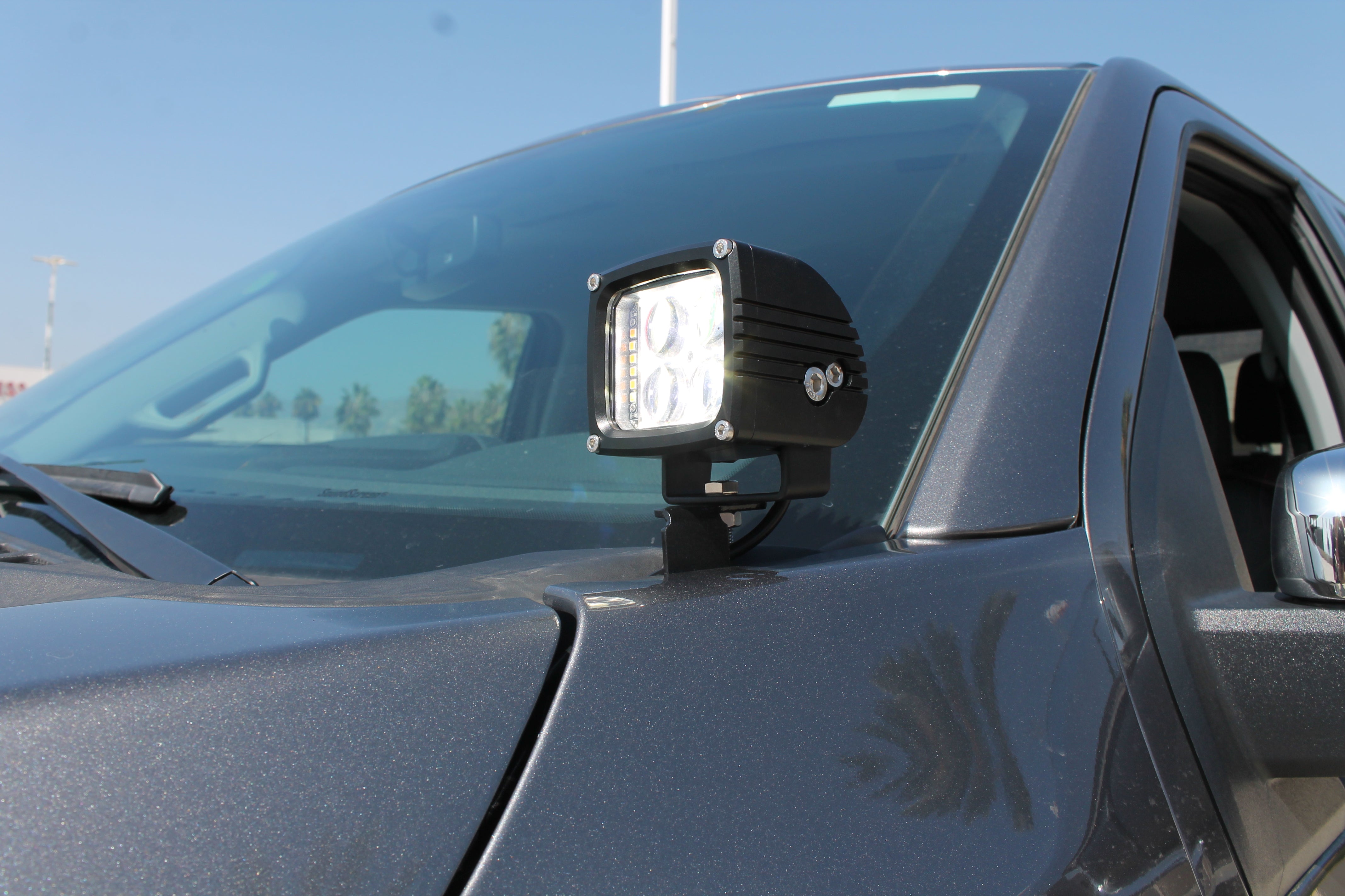 Ford F150 ditch lights on 2024+ hood mount/ditch lights/pillars upgrade with dual-function amber DRL backglow for Ford F150 ditch lights