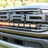 upclose of 2024 ford ranger raptor front of grille LED light bar amber DRL for off roading