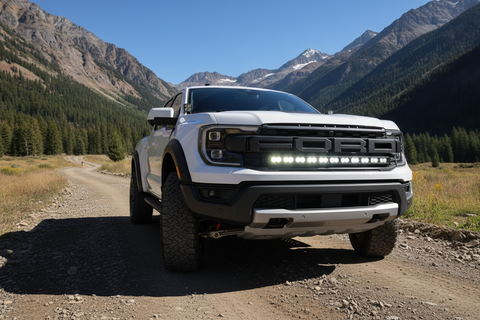 Ranger Raptor ditch lights Ford Ranger pickup off-road in mountain valley