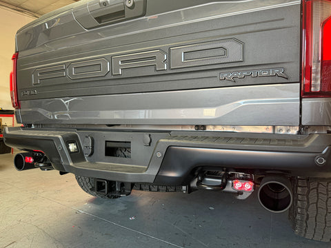 Ford Raptor Gen 3 reverse kit product image for 2024+ refresh - rear bumper with tow hitch and exhaust, showcasing Gen 3 Raptor details