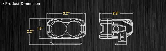 Dimensions diagram for the Ford Ranger reverse light pod: 3.2, 2.8, 2.2 and 1.7 inches