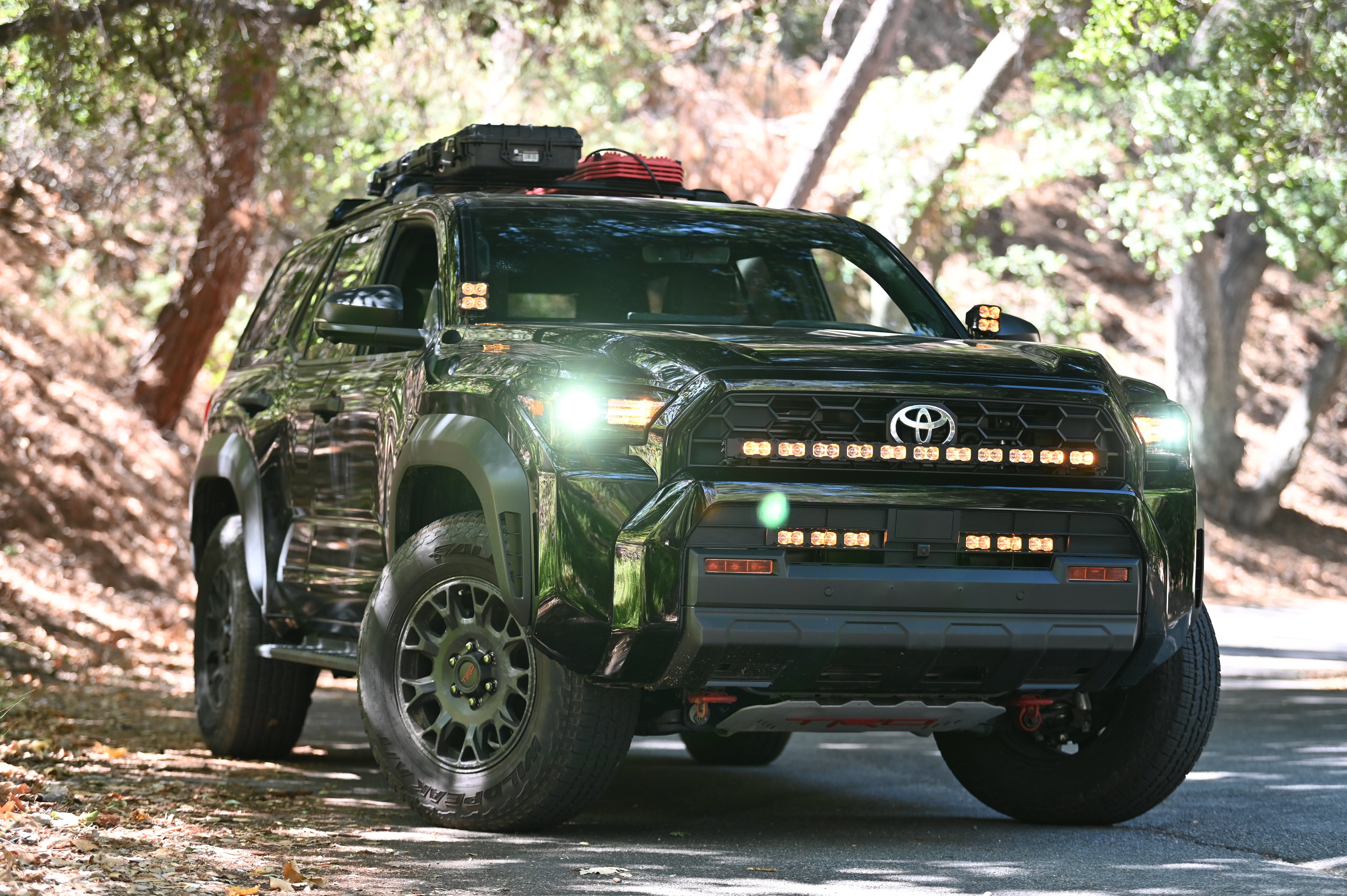 4Runner Ditch lights on 2025 Toyota 4Runner PRO with dual color amber DRL ditch lighting driving on forest road