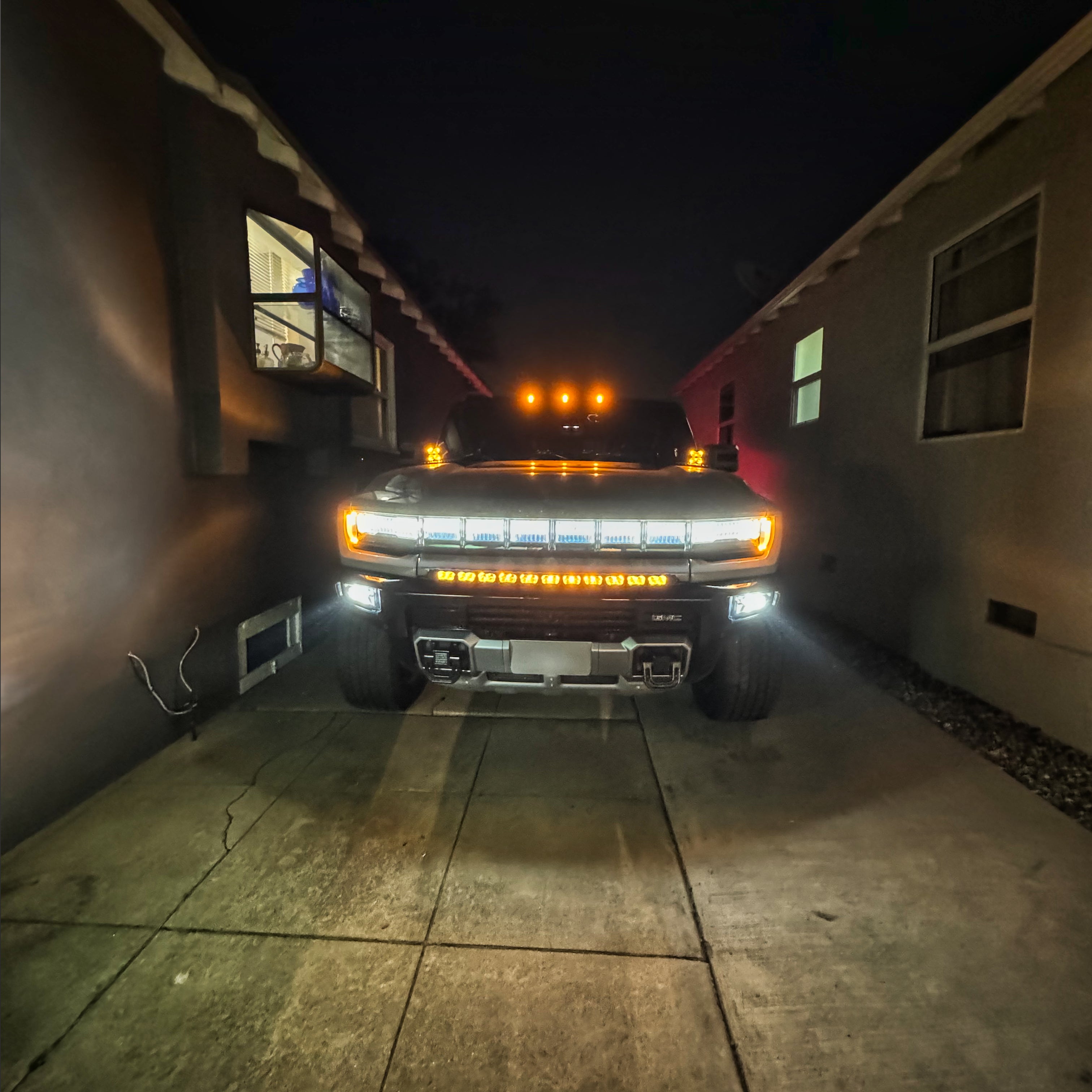 Hummer EV ditch lights PRO 2022+ showcase on a GMC Hummer EV with low-profile, adjustable ditch lights and powder-coated metal bracket