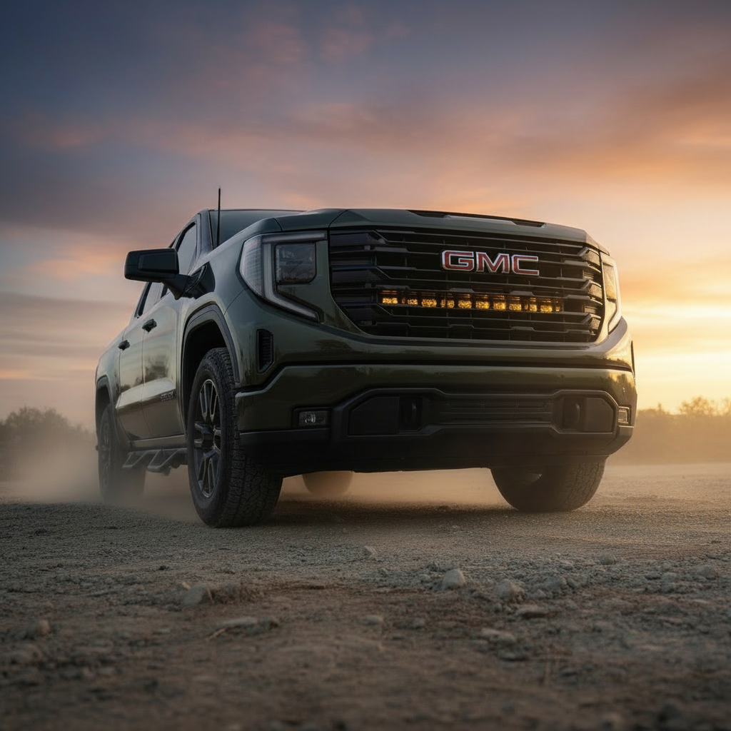 2020+ GMC Sierra 1500 Light Bar PRO single 40in front mount on off-road truck at sunset