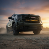 2020+ GMC Sierra 1500 Light Bar PRO single 40in front mount on off-road truck at sunset