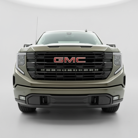 2026+ GMC Sierra 1500 Light Bar installed in grille on PRO front bumper, showing single 40in LED bar mounting position