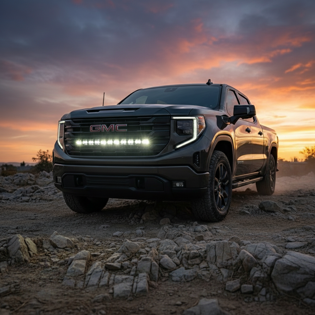 2025+ GMC Sierra 1500 Light Bar PRO single 40in front grille mount off-road at sunset