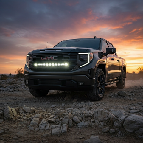 2025+ GMC Sierra 1500 Light Bar PRO single 40in front grille mount off-road at sunset