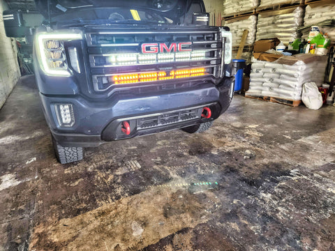 2020 2021 2022 2023 black GMC Sierra 2500/3500HD two white 40in light bars behind the grille