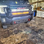 2020 2021 2022 2023 black GMC Sierra 2500 and 3500HD two 40in Light Bars behind the grille color amber and white 