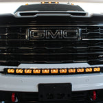 GMC Sierra HD light bar 40in PRO installed on 2024+ GMC Sierra 2500/3500 HD with AEV bumper, curved LED light bar slim to grille