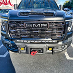 GMC Sierra HD light bar on 2024+ GM Sierra 2500/3500 HD front grille with PRO curved LED bar, emphasizes GMC Sierra HD light bar