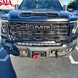 GMC Sierra HD light bar on 2024+ GM Sierra 2500/3500 HD front grille with PRO curved LED bar, emphasizes GMC Sierra HD light bar