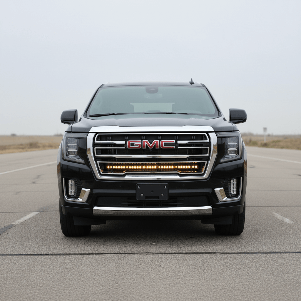 2021-2024 GMC Yukon with a single 40in SLIM light bar installed on the grille, showcasing its sleek front view.